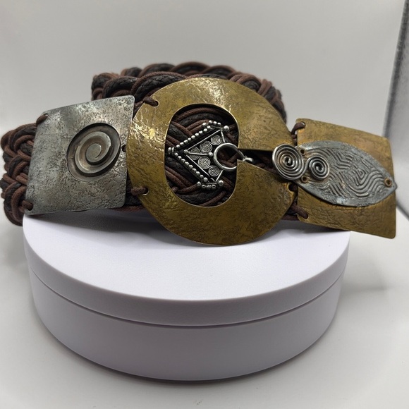 Vintage Signed Marjerie Baer Brown Wide Woven Belt Hammered Brass/Pewter Buckle main image 15